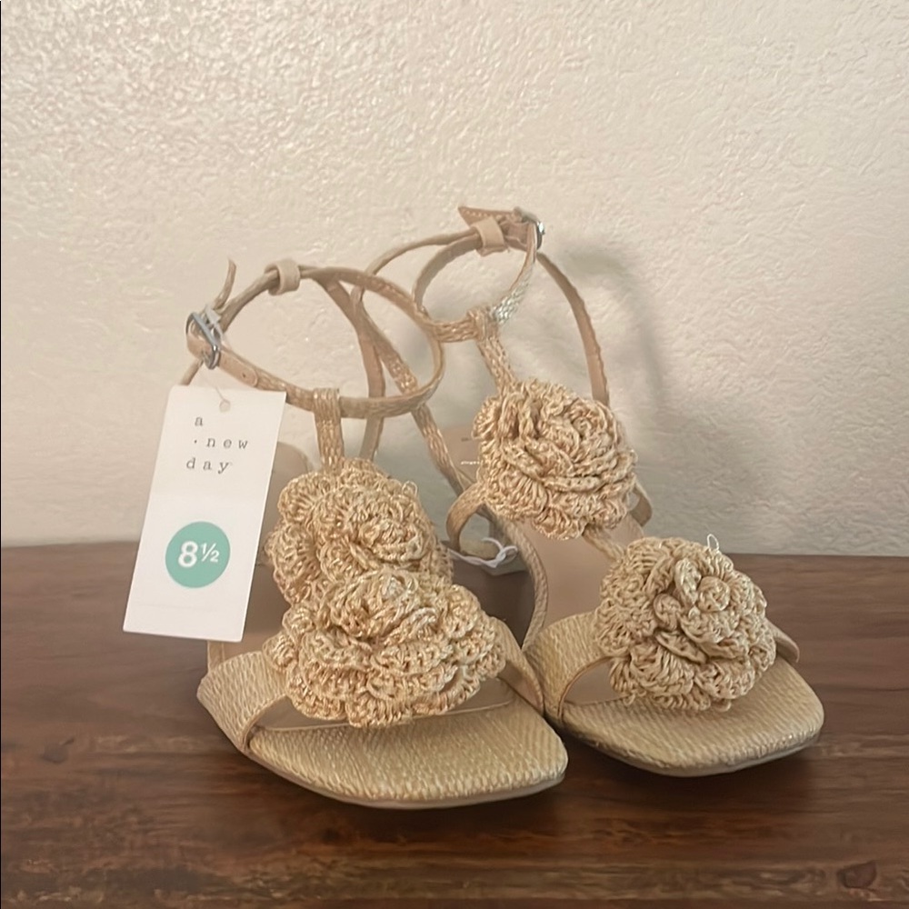 a new day Beige Crochet Flower T-Strap Heels